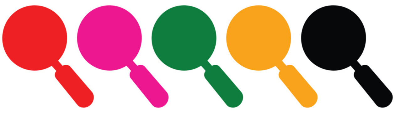 Colorful magnifying glass silhouettes collection with red, pink, green, orange, and black loupe outlines for research analysis, focus inspection, and discovery vector set