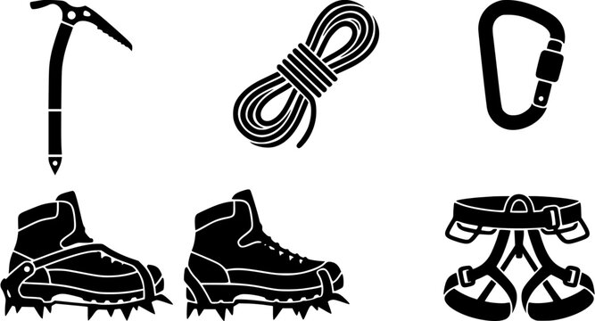 Set of mountaineering and climbing equipment icons including ice axe, rope, carabiner, crampons, and harness