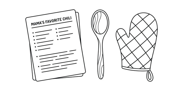 Cooking tools set featuring recipe sheet wooden spoon and quilted oven mitt vector design.