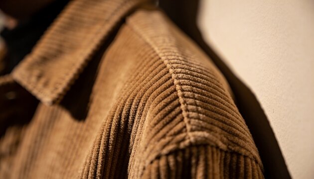 Showing brown corduroy jacket shoulder revealing ribs and stitching against light wall in studio