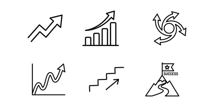 Business success and growth icons showing rising arrows bar charts and mountain achievement.