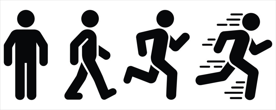 Human evolution stick figures showing stage of development from standing, walking, jogging, and fast running for fitness and sports vector set