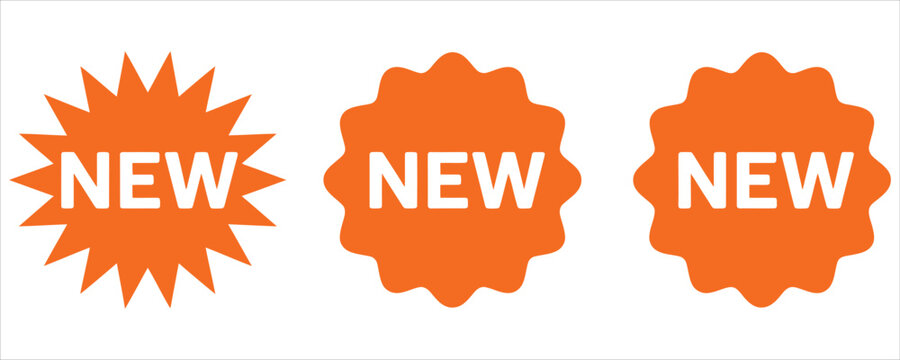 Orange starburst sticker badges with new product promo message for e-commerce website, marketing advertising banner, and retail sale vector set
