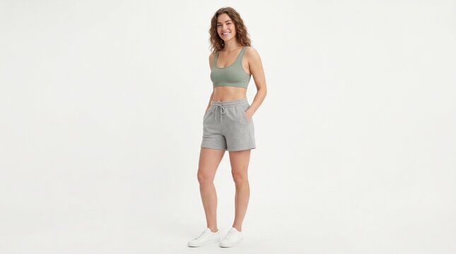 Modern Fashion Bralette and Shorts Woman Isolated on White