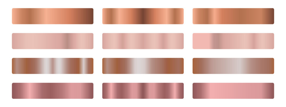 Rose gold gradient swatches collection. Metallic copper bars with shiny foil texture. Bronze color palette for banners, backgrounds, cards. Vector metallic texture design elements.