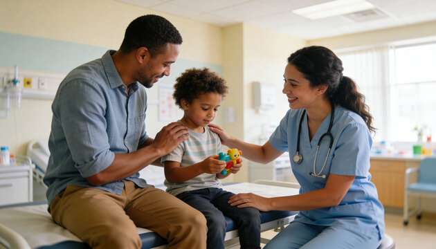 Comforting father and nurse in scrubs supporting child on peds exam table, with toy and stethoscope