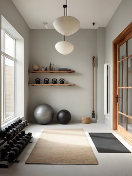 Modern Home Gym with Weights, Yoga Mats, and Exercise Balls.