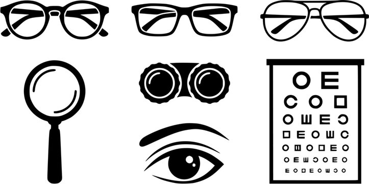 Set of black icons representing ophthalmology and optical vision equipment including eyeglasses, magnifying glass, binoculars and an eye chart.