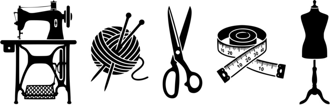 Set of sewing and tailoring icons featuring a vintage sewing machine, yarn ball with needles, scissors, measuring tape, and a mannequin torso.