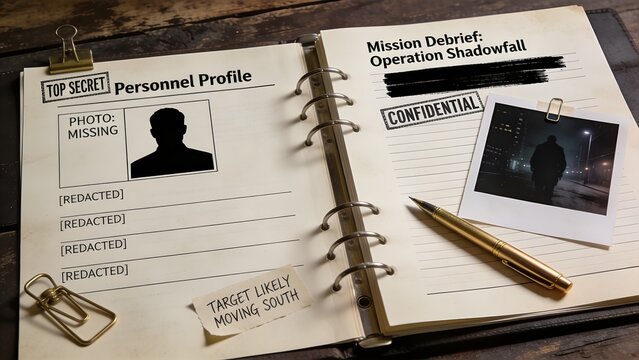 Top secret personnel profile document featuring redacted text and a mysterious photograph of a man walking alone at night on a dark vintage wooden desk surface