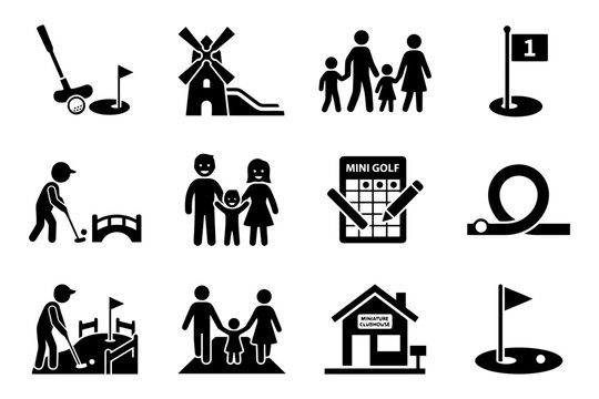Mini golf icon set: family fun, courses, scoreboards, clubs, flags.