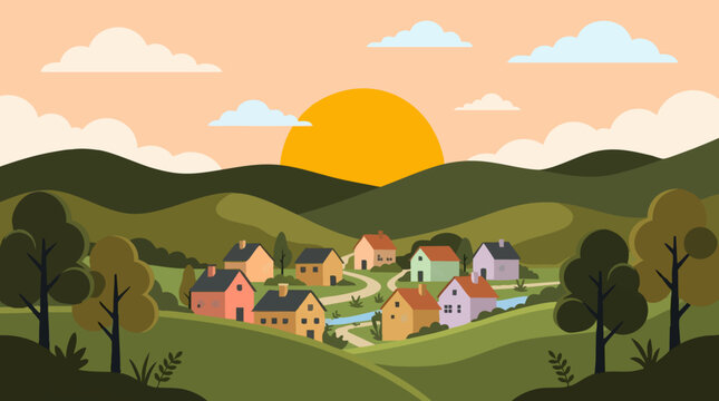 Scenic cartoon village amidst green hills with a bright sun