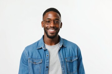 Fototapeta premium The smiling man wearing a denim jacket and glasses in studio headshot