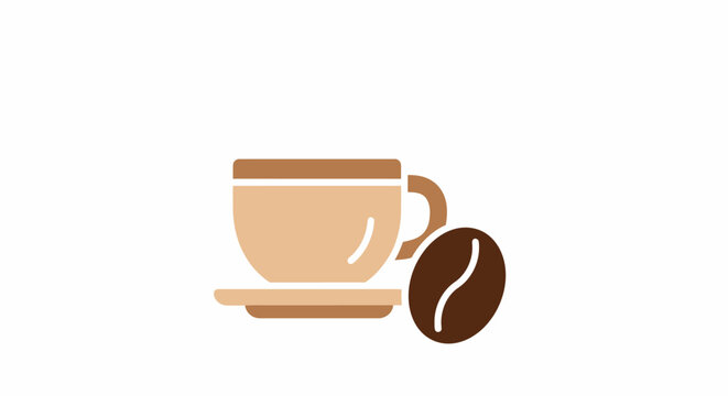 Brown coffee cup with saucer and bean.