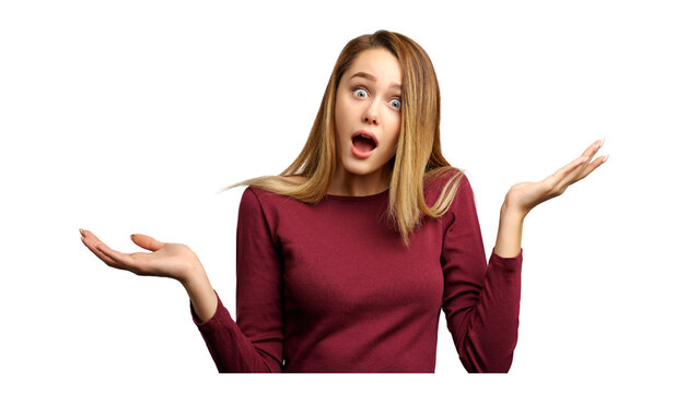 Confused young woman shrugging shoulders in doubt isolated on transparent background