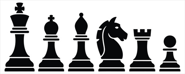 Chess pieces silhouettes collection with black king, queen, bishop, knight, rook, and pawn for strategy game, competition concept, and business vector set © ARBAT DOMA