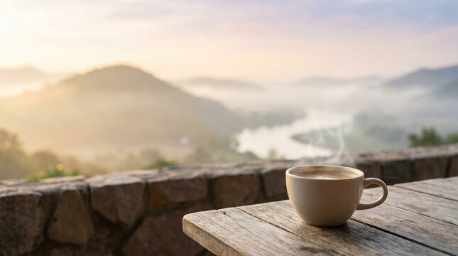 Hot coffee cup on wooden table with misty mountain sunrise landscape