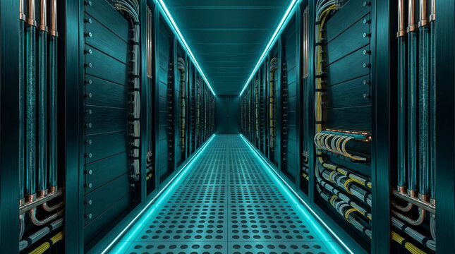 Data Center Server Rack Liquid Cooling Teal LED AI Infrastructure Technology