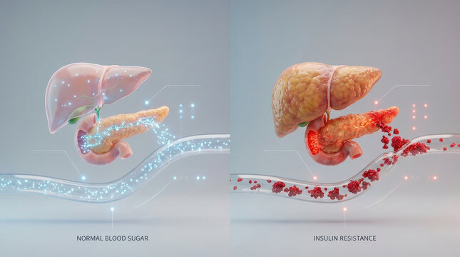 Normal blood sugar vs insulin resistance comparison shows healthy liver and pancreas with balanced sugar flow contrasted with damaged organs and disrupted blood sugar control insulin resistance