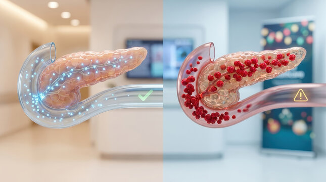 Normal blood sugar vs insulin resistance concept showing healthy and unhealthy pancreas with blood cells and insulin flow in medical background