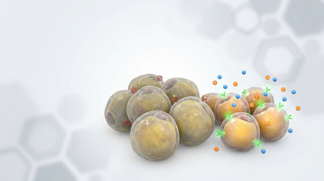 Normal blood sugar vs insulin resistance concept showing healthy cells and cells with insulin resistance in medical illustration with scientific background and molecular structure