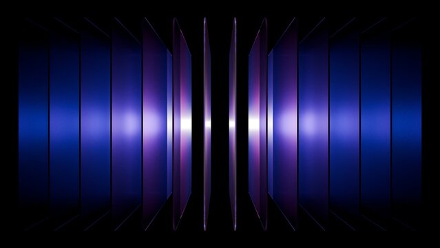 Abstract 3D dark glassmorphism background with neon purple gradient plates. Simmetrical glossy glass layers on black background, perfect for premium cyber security tech and luxury UI UX design