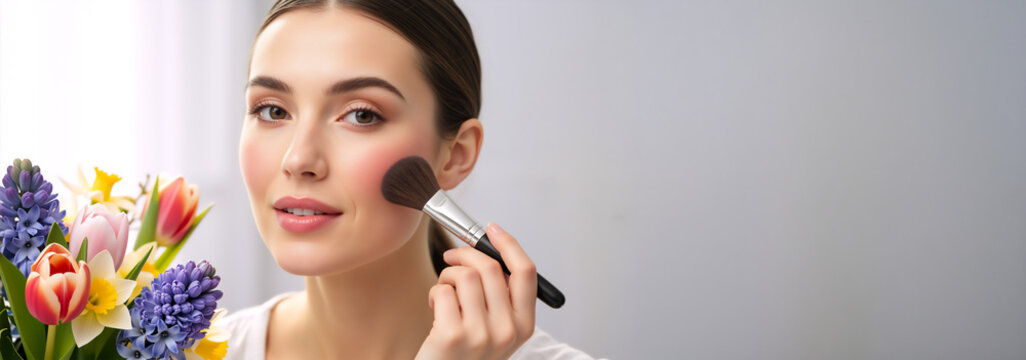 Young woman applying blush to cheek with makeup brush. Female portrait with bouquet of spring flowers. Seasonal beauty concept