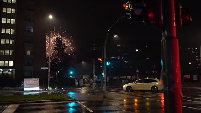 Serene Cityscape Portraying Rainy Night With Shimmering Sidewalks And Festivities