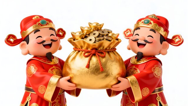 Two cartoon figures holding a gold money bag