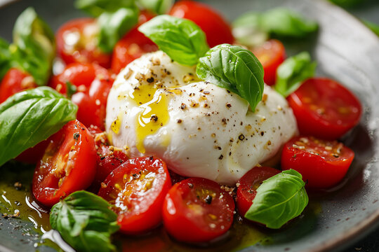 Frische Burrata mit Kirschtomaten, Basilikum und Oliven&ouml;l &ndash; Mediterrane Food-Fotografie