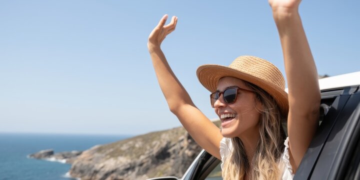 The woman leaning from a car window with hat enjoying coastal summer road trip