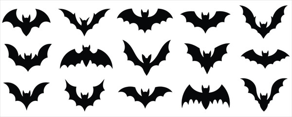 Halloween spooky bat silhouettes collection with black flying vampire bats for horror party decoration, gothic pattern, and scary backdrop vector set © ALEX