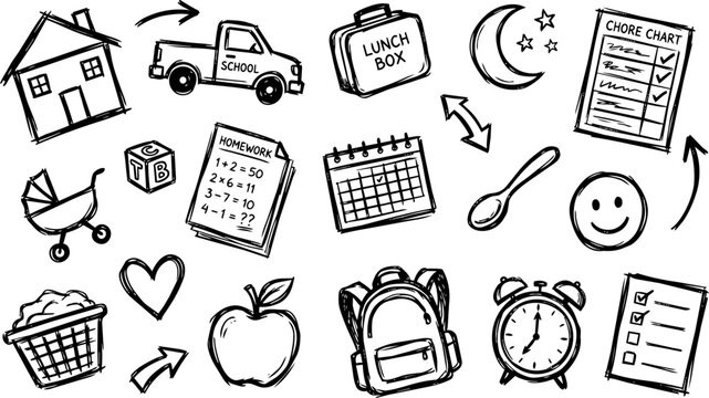 Parenting family routine scribble icon set