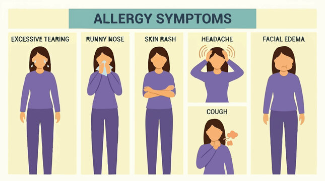 Common allergy symptoms illustration: runny nose, rash, headache, cough, edema