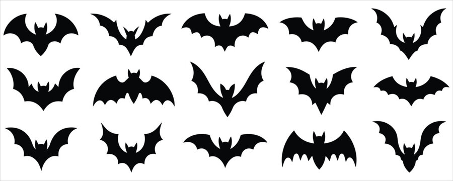 Halloween spooky bat silhouettes collection with black flying vampire bats for horror party decoration, gothic pattern, and scary backdrop vector set