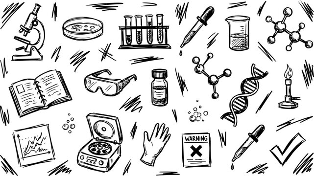 Laboratory research science scribble icon set