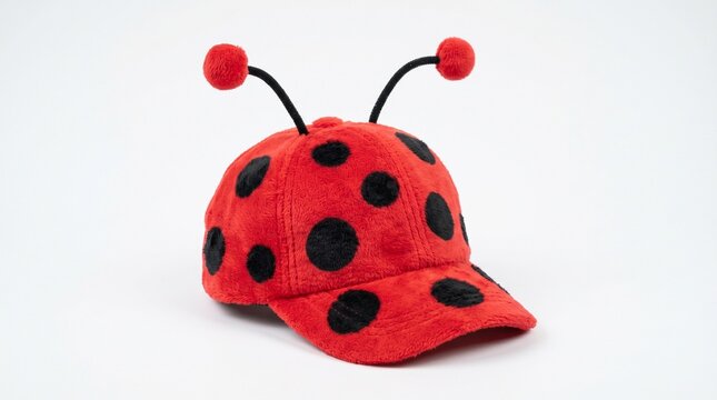 A red ladybug themed baseball cap with black spots isolated on white background