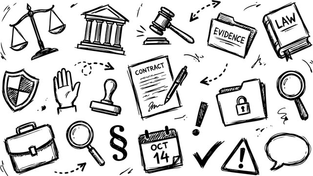 Legal services law office scribble icon set
