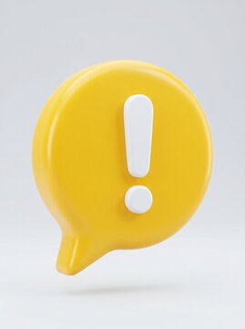 3D render yellow speech bubble with white exclamation mark, concept for warning alert or important notice.