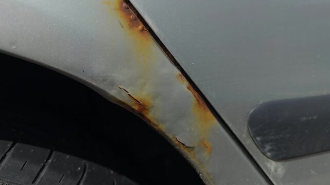 Rust streaks and paint distortion. Detailed view of door abrasion with metallic streaks and reflections