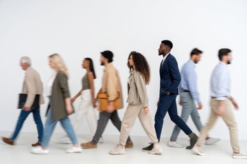 Obraz premium The Diverse Group of People Walking in Single File on White Background