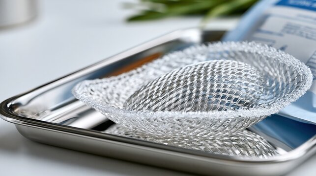 Macro product photography of a sterile surgical hernia mesh implant on a clean reflective surgical steel tray, medical packaging partially open beside it