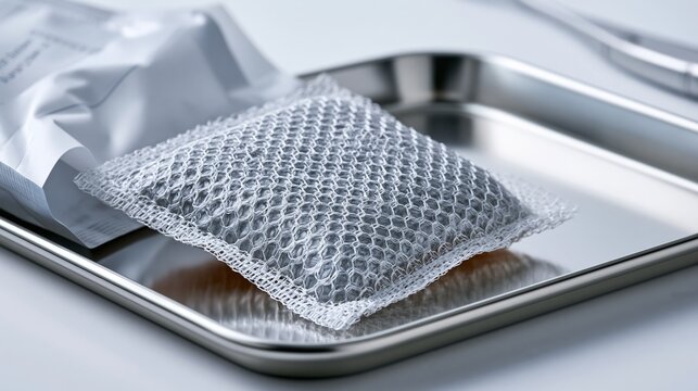 Macro product photography of a sterile surgical hernia mesh implant on a clean reflective surgical steel tray, medical packaging partially open beside it
