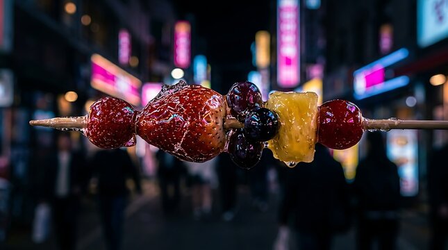 Candied fruit skewer with strawberry and grape at night in the city
