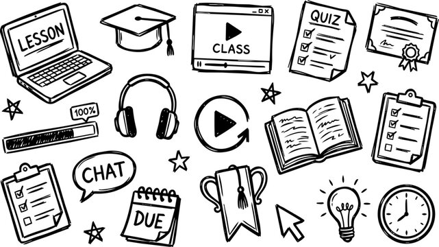 Online course e learning scribble icon set