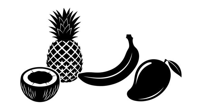 Fresh tropical fruit icons including pineapple coconut banana and mango in black silhouette on white background