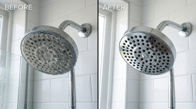Closeup shower head before and after descaling with polished chrome and white tile background inside bathroom stall