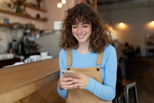 The barista at the cafe smiling while checking her smartphone