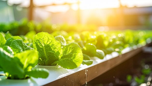 Rows of vibrant green lettuce plants thrive in a hydroponic system, bathed in the warm, golden sunlight streaming through a greenhouse.