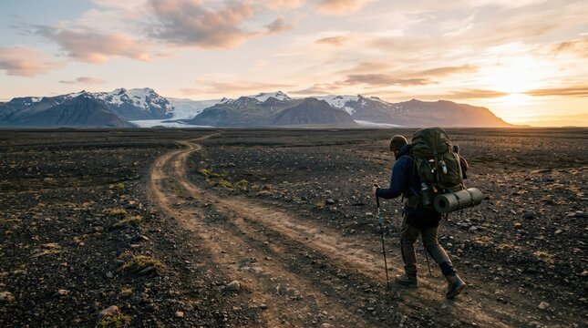 Hiker with heavy backpack trekking through a vast mountain landscape